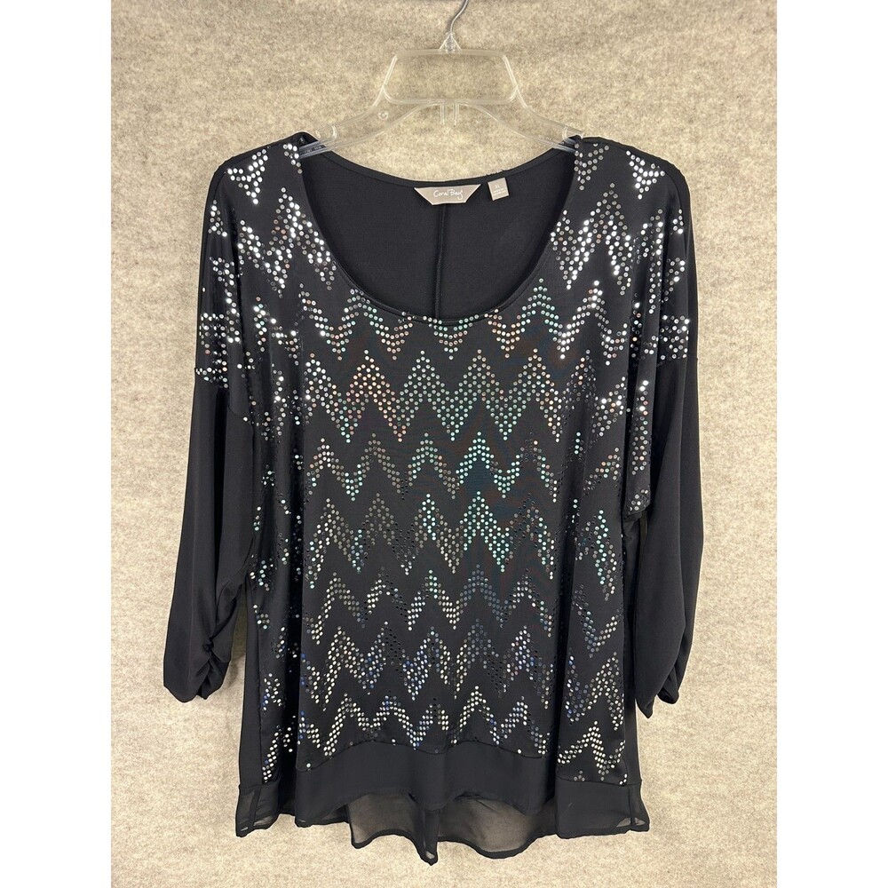 Coral Bay Womens XL Black Embellished Sequin Chevron Tunic Blouse Top